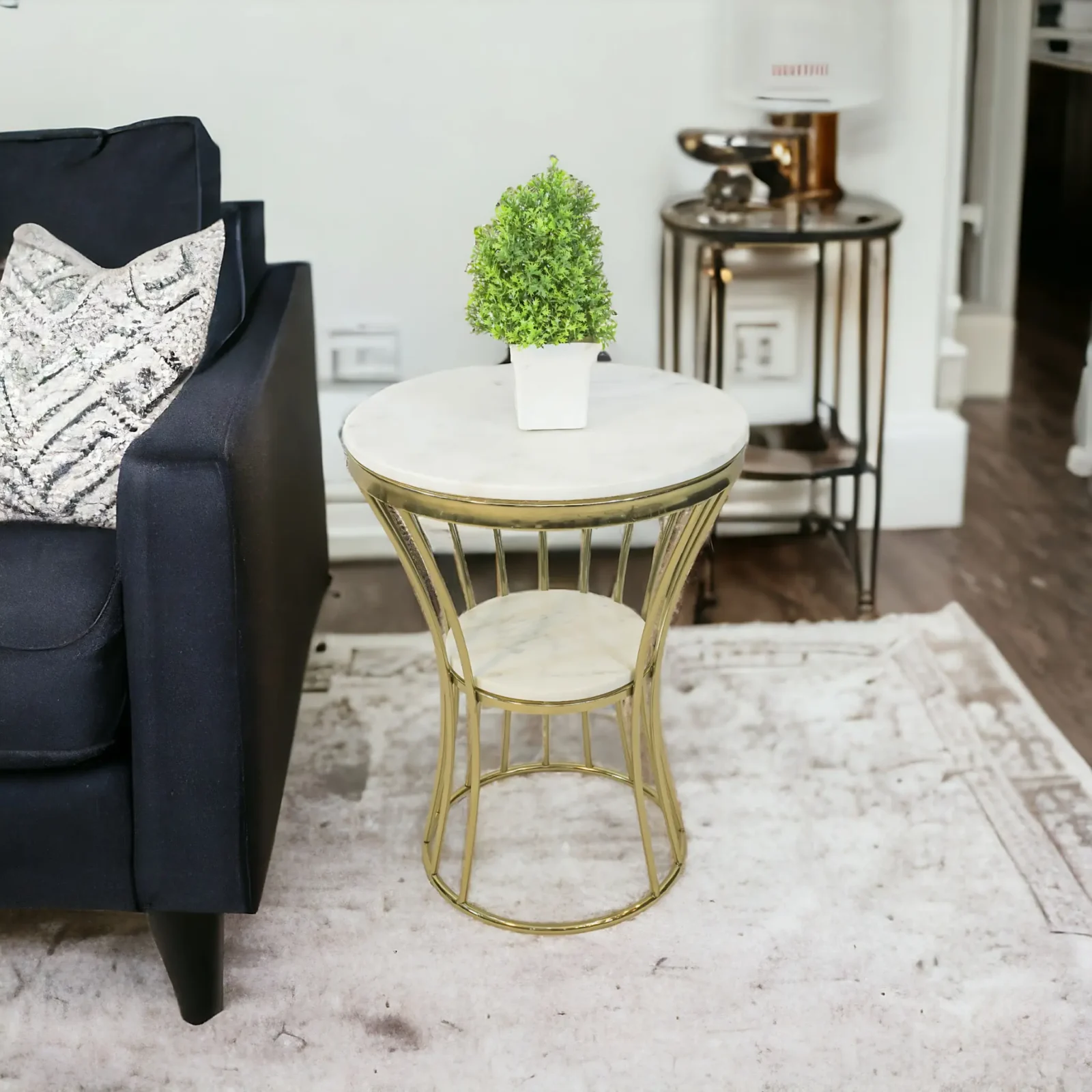 Homfye Aurora Gold Steel & Marble Side Stool Coffee Table