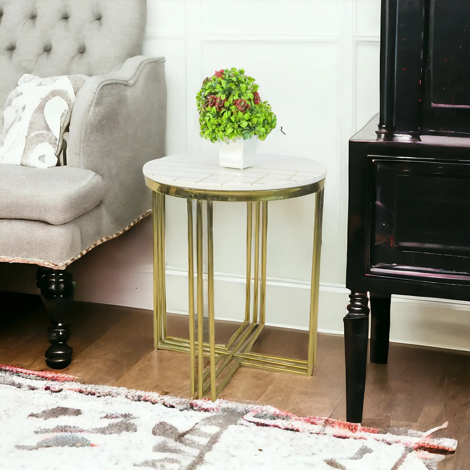 Homfye Marble Gold Fusion Steel Side Stool Table