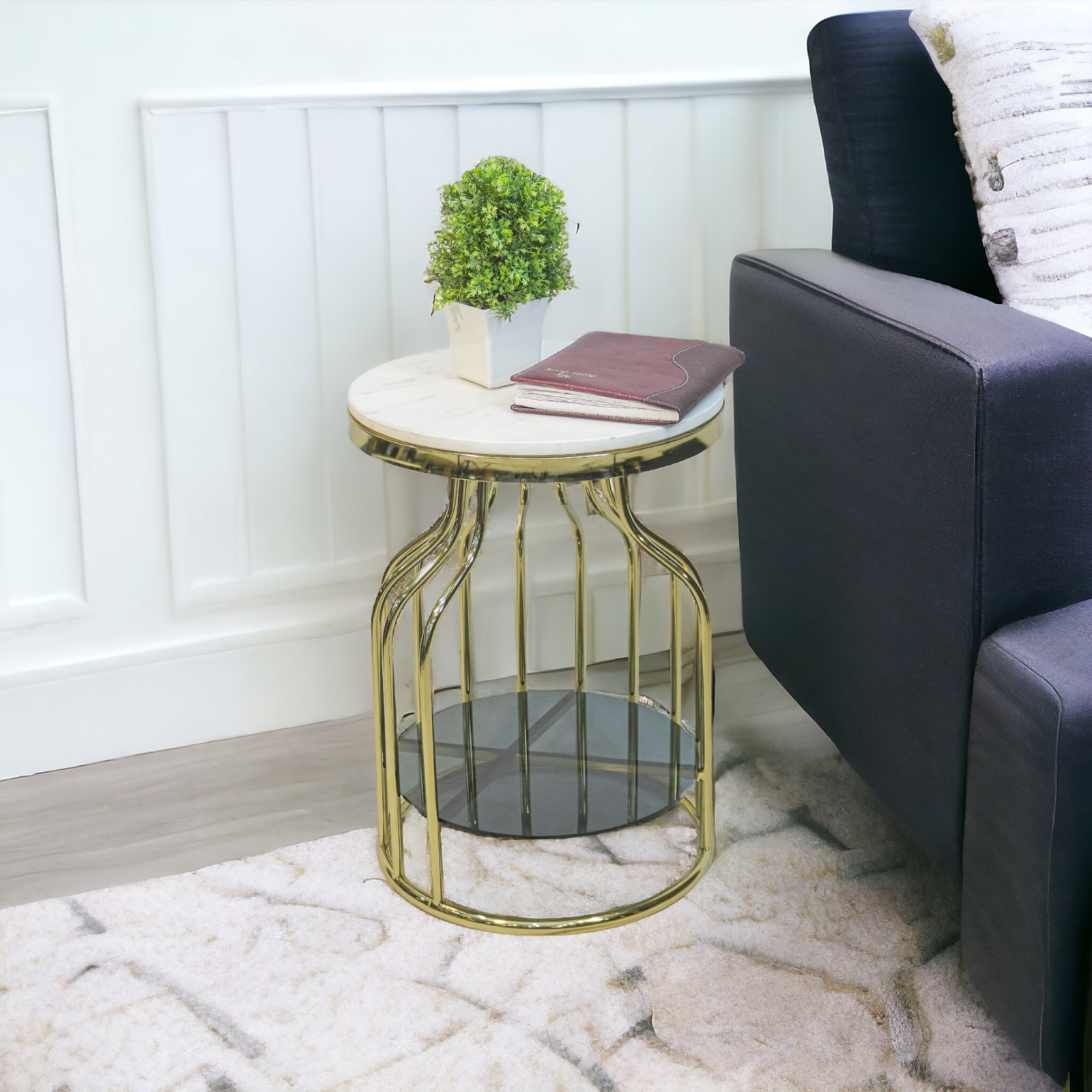 Homfye Glided Reflections Side Table with Black Mirror