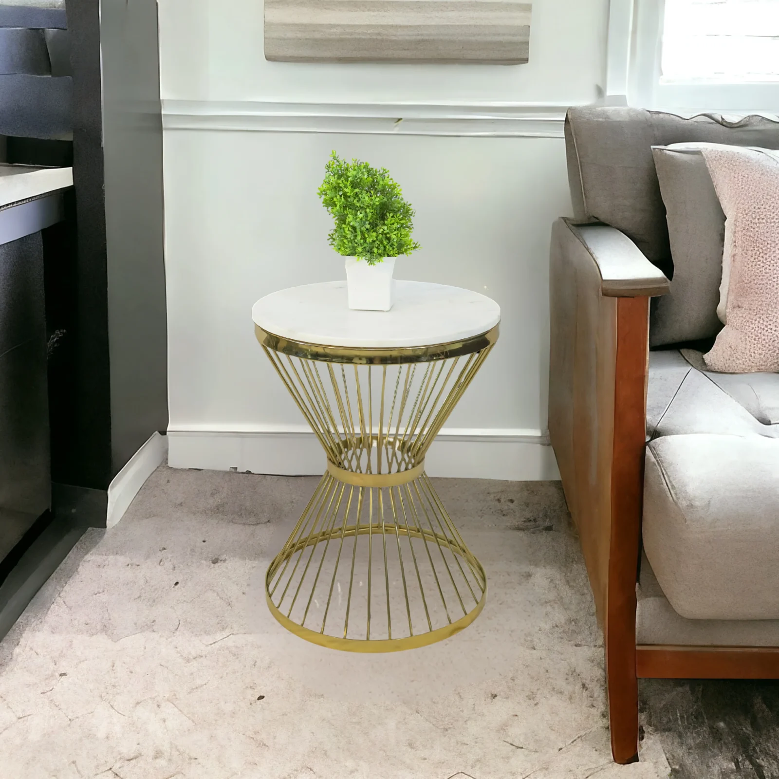 Homfye Radiant Gold Cage Marble Side Stool Table