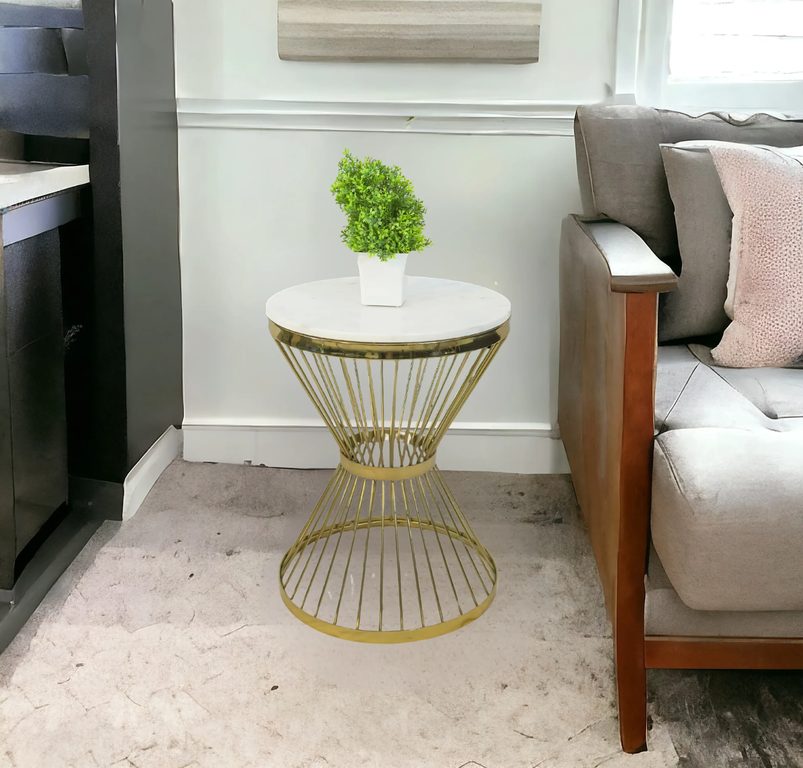 Homfye Radiant Gold Cage Marble Side Stool Table